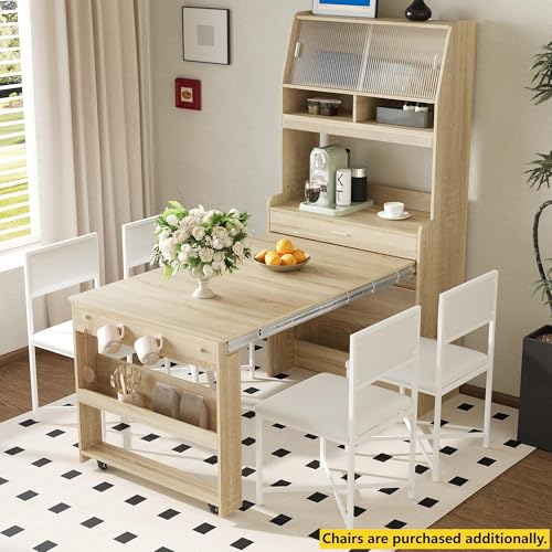 RuiSiSi Space Saving Folding Dining Table for 2-4, Farmhouse Buffet with Hutch and Storage Shelves, Multifunctional Cupboard with Side Hooks for Small Space, Studio, Apartment, Natural - color: Natural