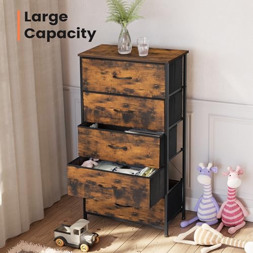 Tall Dresser, Wide Vertical Fabric Storage Tower, 5 Drawer (Rustic Brown) | Sturdy Steel Frame, Wood Top and Easy Pull Handle, Space-saving Organizer for Clothes, Bedroom, Hallway, Entryway, Closets - color: Rustic Brown, style: Wide