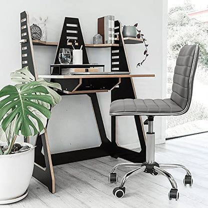 JUMMICO Armless Vanity Office Chair with Wheels, Small Cute Makeup Desk Chair Ribbed Leather Swivel Computer Task Chair (Gray) - color: Grey