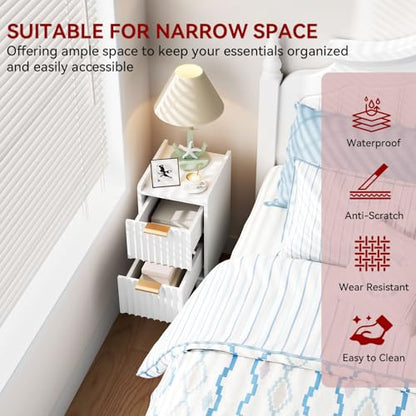 IBUYKE Narrow Nightstand,Slim Bedside Table with 2 Drawer,White UWNS015W | Space Saving,Skinny Bedside Table for Small Spaces,Wood Side End Tables for Bedroom Living Room
