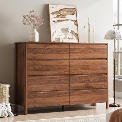 MAISONARIA Walnut 3-Piece Dresser Bedroom Set, 8 Drawers Dresser & 3 Drawer Nightstands with Hidden Handles, Wood Chest of Drawers for Bedroom, Living Room, Entryway - color: Walnut, size: 8+3