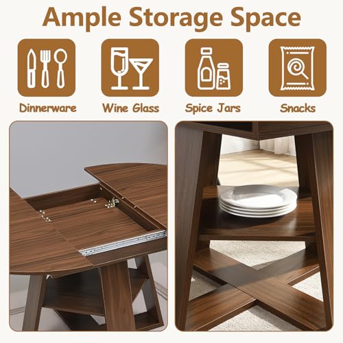 Modern Round Dining Table for 4-8, 43-59" Extendable Oval Dining Table with Leaf, Kitchen Table with Storage Shelf & Wood Cross Base, Circle Tables for Living Room Kitchen, Space Saving (Walnut) - color: Walnut