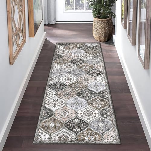 ROYHOME Runner Rug 2x10 Washable Moroccan Hallway Runner Rug, Grey/Taupe | Stain Resistant Non-Slip Floor Cover Vintage Distressed Trellis Entrance Carpet for Laundry Kitchen Entryway Bedroom - color: Grey/Taupe, size: 2' x 10' (Rectangular)