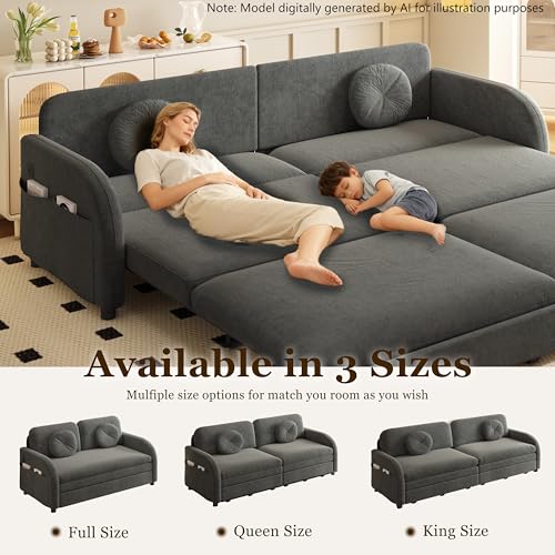 81.1'' King Size Sleeper Sofa Bed, 3-in-1 Pull Out Chenille Couch, Grey | Cozy Curved Armrest, Loveseat with USB, 2 Round Pillows, Washable Cover, Pocket, for Living Room, Apartment, Small Spaces, RV - color: Grey, size: 81.1'' King