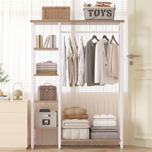 VECELO Open Garment Clothing Rack, Free-Standing Heavy Duty Storage Closet with 5 Shelves and Hanging Rod for Small Spaces, Max Load 350LBS, Nature White - color: Nature White