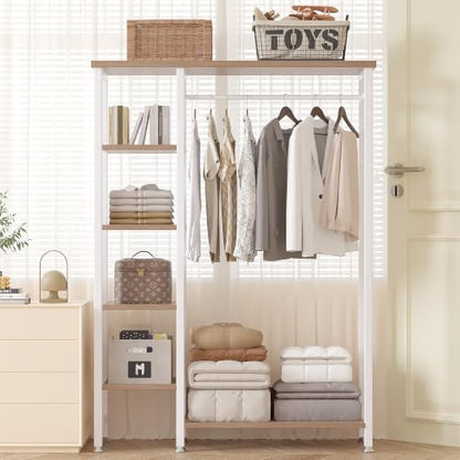 VECELO Open Garment Clothing Rack, Free-Standing Heavy Duty Storage Closet with 5 Shelves and Hanging Rod for Small Spaces, Max Load 350LBS, Nature White - color: Nature White