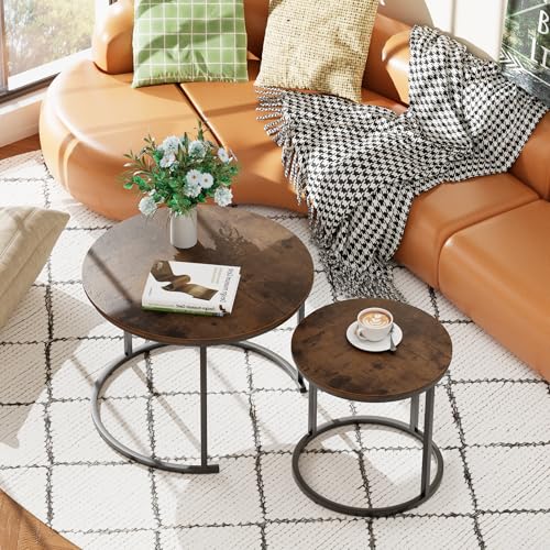 aboxoo Coffee Table Nesting Round Table Set of 2 Side Table with Sturdy Metal Frame for Living Room Bedroom Apartment Modern Industrial Simple Nightstand,Rustic Brown - color: Rustic Brown