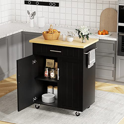 JY QAQA 26" Kitchen Island on Wheels with Storage Cabinet Kitchen Cart Cabinet with Shelves, Cart Handle for Towel Rack or Free Mobility, Portable Islands for Kitchen,Black