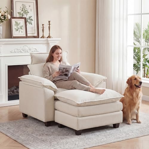 46'' Oversized Chaise Lounge with Ottoman, Cloud Deep Seat Accent Sofa Chair with Detachable Headrest, Double Thicked Cushion Lounge Armchair for Living Room, Bedroom, Beige - color: Beige, size: Chaise Lounge Chair