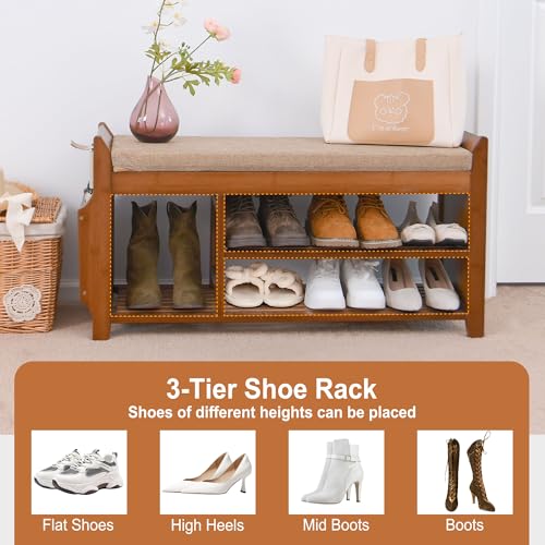 PETKABOO Shoe Bench with Hidden Drawer and Side Holder, 2 Tier Entryway Bench with Storage 39.4 in, Bamboo Shoe Rack with Cushion for Entryway Hallway Living Room Bedroom - size: 39.4"