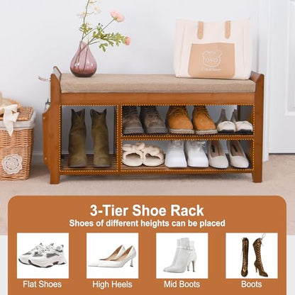 PETKABOO Shoe Bench with Hidden Drawer and Side Holder, 2 Tier Entryway Bench with Storage 39.4 in, Bamboo Shoe Rack with Cushion for Entryway Hallway Living Room Bedroom - size: 39.4"
