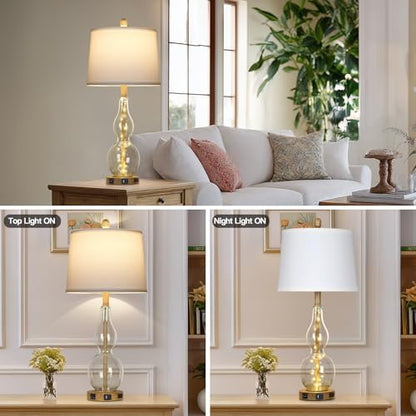 Rinweey 27.5" Clear Glass Table Lamp Set of 2 with Night Light,Bedside Lamps with USB Ports and AC Outlet, Modern Nightstand Lamps Retro Farmhouse lamp for Bedroom Living Room - color: Brown