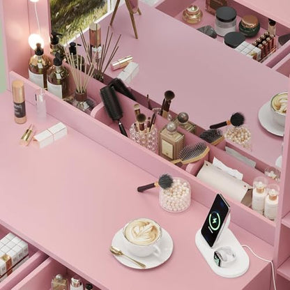 Makeup Vanity with Lights & Charging Station, Pink Vanity Table with 5 Drawers & Open Storage Shelves, Vanity Desk with Mirror & Lights, Dressing Table Set, Bedroom Makeup Table Set Gold Handle - size: 35.4 inch, style: Modern Pink