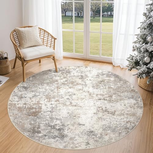 UERMEI 5ft Round Area Rug Living Room Rugs - 5x5 Washable Neutral Modern Abstract Soft Thin Rug Indoor Floor No Slip Rug Carpet for Bedroom Under Dining Table Home Office Decor - Brown Grey - color: Brown Grey, size: 5' (Round)