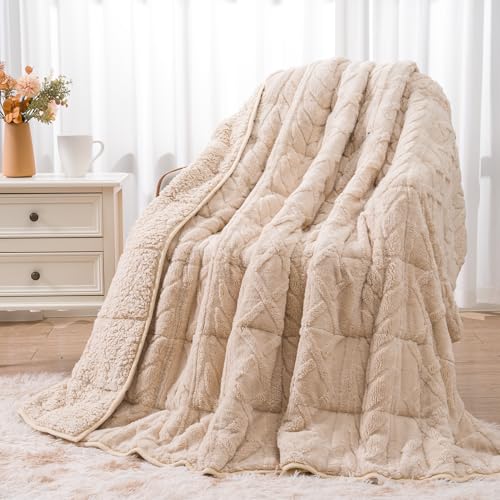 Fleece Weighted Blanket 15 lbs, Queen Size 60" x 80" Light Khaki | Sherpa Heavy Blankets, Adults Jacquard Knitted Throw for Better Sleep and Relaxing, Comfort Fluffy Cozy Warm Chunky Soft - color: Light Khaki, size: 60" X 80" 15lbs