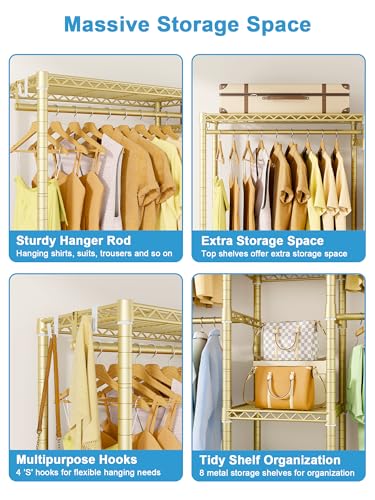 E4 Clothes Rack, Heavy-Duty Garment Rack Can Be L-Shaped Closet, Gold | Metal Freestanding Clothing Organization Storage System with Shelves and Hangers, Load 962lbs, 70.8"W x 14.5"D x 79.3"H - color: Gold