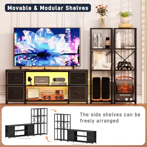 Yenlure LED TV Stand Bookshelf Combo with Charging Station for 65 60 55 Inch TV, Entertainment Center with Lights & Drawers, Industrial Media TV Console Table for Living Room Bedroom Office, Black - color: Black