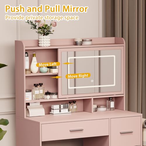 Viaozutis Vanity Desk with a Mirror and Lights，with Chair and Four Drawers, Three Adjustable Lighting Modes，with Power Outlet and Sliding LED Mirror,Bedroom Vanity Desk (Pink) - style: Pink