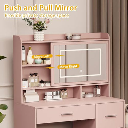 Viaozutis Vanity Desk with a Mirror and Lights，with Chair and Four Drawers, Three Adjustable Lighting Modes，with Power Outlet and Sliding LED Mirror,Bedroom Vanity Desk (Pink) - style: Pink