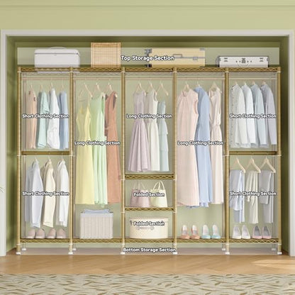 Higeego H5 Heavy Duty Clothes Rack, Freestanding Clothing Rack, Gold | 93.3"Wx15.7"Dx75.4"H, Large Garment Rack, Freestanding Clost Rack for hanging clothes, with Adjustable Shelf, Load 1400 lbs - color: Gold