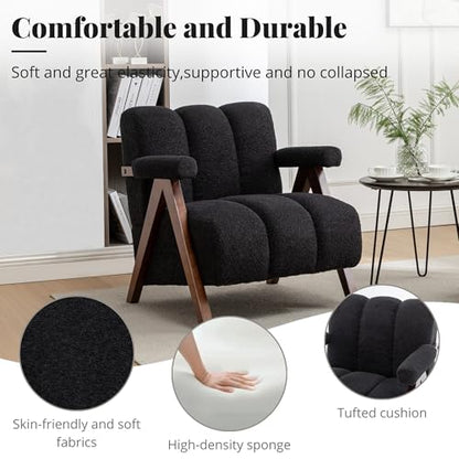 Mid Century Modern Accent Chairs Set of 2 with Solid Wood Frame, Boucle Upholstered Living Room Chairs with Thick Cushion, Comfy Tufted Arm Chair for Bedroom, Black - color: Black, size: 1-seater, 2-piece set