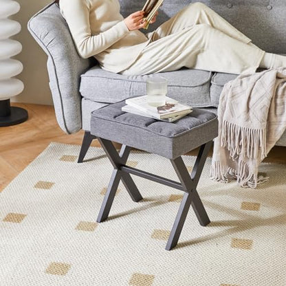 IBUYKE Square Makeup Stool with X-Leg, Linen Vanity Chair, Dark Gray LG-70G | Footrest Ottoman Seat Multi-Use Small Side Table Bedroom Living Room - color: Dark Grey, size: 17.72"-Linen