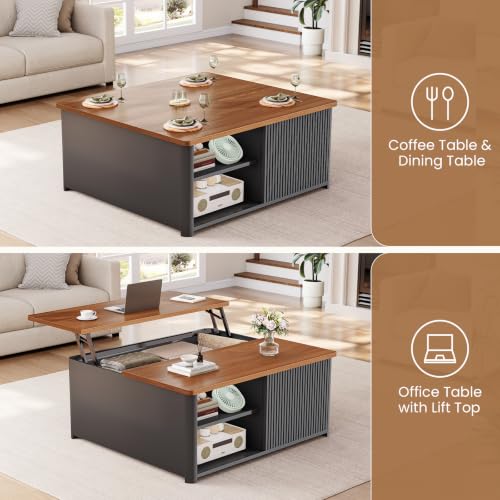 SEDETA 31.5" Lift Top Coffee Table with Storage, Square Coffee Tables for Living Room, Fluted Coffee Table with Large Hidden Storage Compartment and Adjustable Shelves, Fluted Black - color: Fluted Black