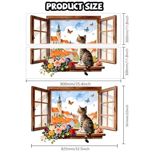 3D Window with a Cat and Flowers Wall Decals, Wall Stickers Decor | 2 Sheets 11.8"x37.8" Vinyl Removable Peel and Stick Murals, Plant Decor for Bedroom, Bathroom, Office, Classroom & Home - style: 3D Fake Window