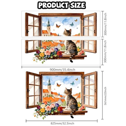 3D Window with a Cat and Flowers Wall Decals, Wall Stickers Decor | 2 Sheets 11.8"x37.8" Vinyl Removable Peel and Stick Murals, Plant Decor for Bedroom, Bathroom, Office, Classroom & Home - style: 3D Fake Window