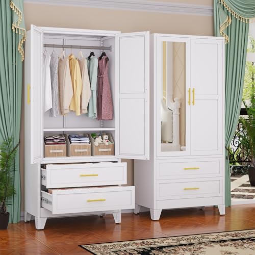 GAIOUS Steel Armoire Wardrobe Closet with Mirror and 2 Drawers 71" White | Clothes Storage Cabinets with 2 Doors, 1 Adjustable Shelf, Metal Wardrobe Cabinet with Hanging Rod for Bedroom, Gym, Cloak - color: 2 Drawer White- Mirror Style, size: 17.71"D x 31