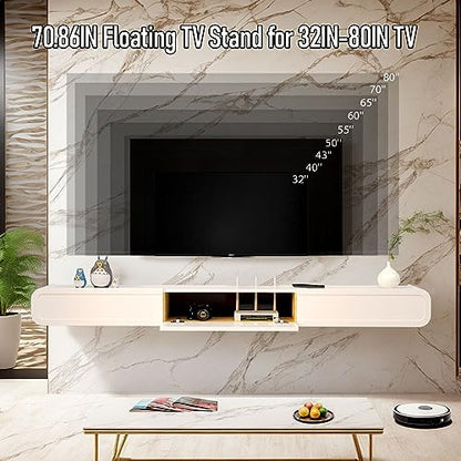 Floating TV Stand in Solid Wood, 71'' High Gloss Wall Mounted TV Cabinet, Floating TV Shelves with Door & Drawers, Modern Entertainment Media Console Center Large Storage Under TV - size: 70.86''