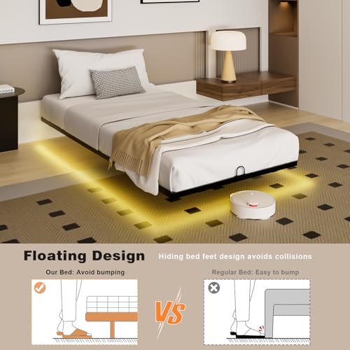 Twin Size Floating Bed Frame with Smart LED Lights, Metal Platform Bed | Modern Metal Platform Floating Bed Frame Twin - Heavy Duty, Easy Assembly, No Box Spring Needed and Noise Free - size: Twin