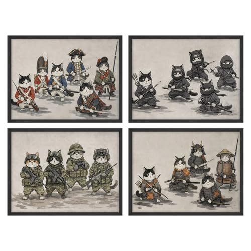 SIGNWIN Framed Poster Set Vintage Warrior Cats Historical, Ninja, Military & Samurai Cat Character Illustrations Modern Art Decorative Minimalist Multicolor for Bedroom - 11"x14"x4 BLACK - color: A03-2603-EDW11, size: 11"L x 14"W, style: Black Frame