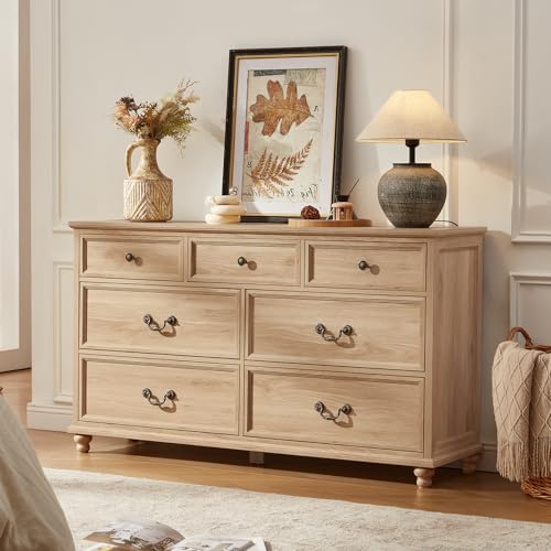 Joaxswe Farmhouse 54" 7 Drawers Dresser for Bedroom, Wide Chest of Drawers w/ 4 Wooden Legs, Vintage Rustic Large Closet Storage Dressers Organizer for Hallway, Wood TV Stand for Living Room, Natural - color: Natural, size: 16"D x 54"W x 32"H (7 Drawers)