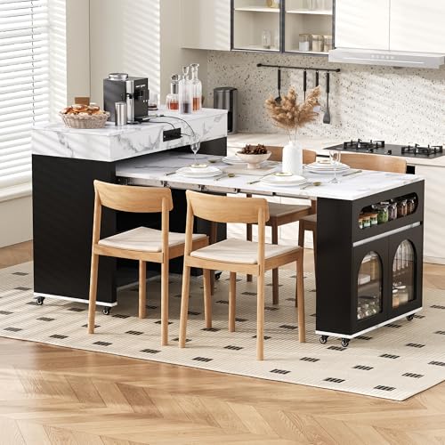 Extendable Dining Table with Extra-Long Folding Top, Rolling Kitchen Island with Storage Cabinet, Drawers & Brake Lock, Sturdy Mobile Cart for Kitchen, Dining Room & Open Spaces (Black2) - color: Black2