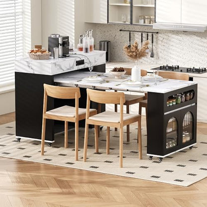 Extendable Dining Table with Extra-Long Folding Top, Rolling Kitchen Island with Storage Cabinet, Drawers & Brake Lock, Sturdy Mobile Cart for Kitchen, Dining Room & Open Spaces (Black2) - color: Black2