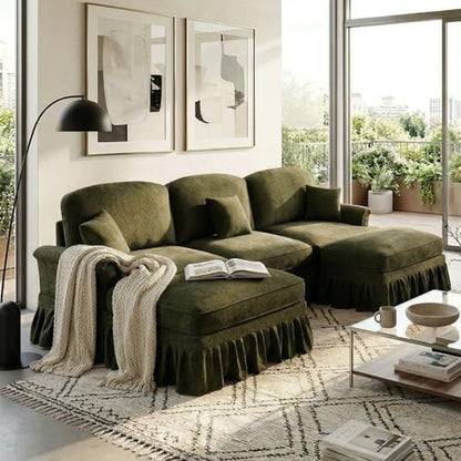 Modular Sectional Sofa Couch, Comfy Chenille Sofa with Removable Ruffled Skirt, Flared Armrests, Sturdy Legs, Convertible Sectional for Living Room, Bedroom, Apartment (Green) - color: Green, size: 107.1 Inch U