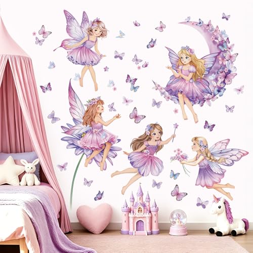 wondever Purple Fairy Girl Wall Decals Moon Butterfly Flower Wall Stickers | Peel and Stick, Removable, Wall Art Decals, Wall Decoration, Kids Room, Girls Bedroom Baby Nursery Playroom Decor