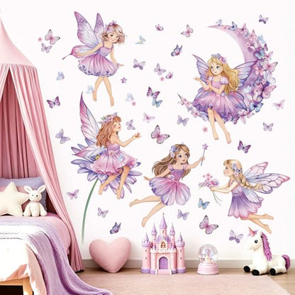 wondever Purple Fairy Girl Wall Decals Moon Butterfly Flower Wall Stickers | Peel and Stick, Removable, Wall Art Decals, Wall Decoration, Kids Room, Girls Bedroom Baby Nursery Playroom Decor