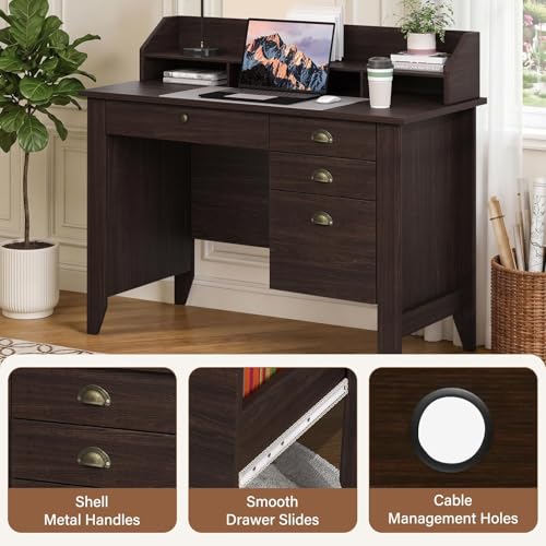 4 EVER WINNER Small Desk with Drawers, Office Desk with File Drawer and Monitor Stand, Writing Desk Study Table for Small Spaces, Espresso - color: Espresso
