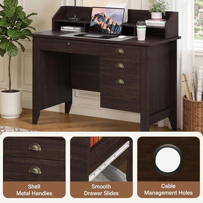 4 EVER WINNER Small Desk with Drawers, Office Desk with File Drawer and Monitor Stand, Writing Desk Study Table for Small Spaces, Espresso - color: Espresso