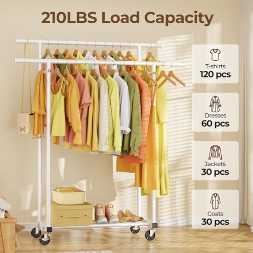 HYSEYY Double Rods Clothes Rack, Rolling Clothing Rack for Hanging Clothes Portable Wardrobe Rack, Metal Garment Rack Sturdy Coat Rack for Bedroom Laundry Living Room, White - color: White