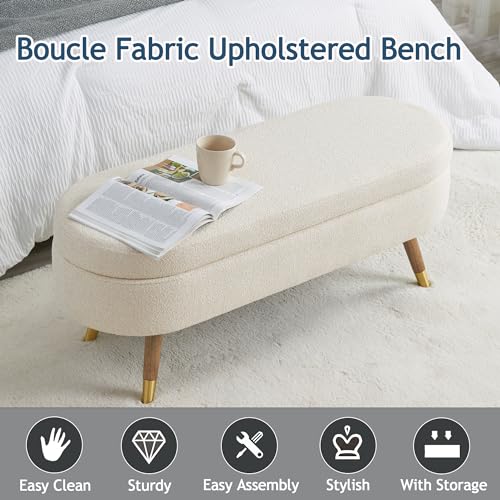 IAFIKE Oval Storage Bench 43.5" Ottoman Bench Upholstered Boucle Fabric Footrest Bench with Golden Metal Legs End of Bed for Bedroom, Living Room, Entryway,Bed Side (Beige) - color: Beige-a