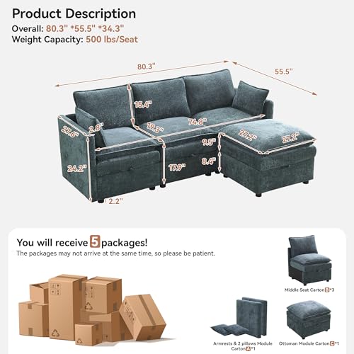 80" Cloud Modular 3 Seater Sofa with Storage Ottoman, Modern Upholstered Storage Sofa Couch Deep Seat, L Shape Sectional Sofa Chenille Comfy Couch with Armrests for Living Room, Small Space, Blue - color: Blue, size: 80" 3 Seater+1 Ottoman