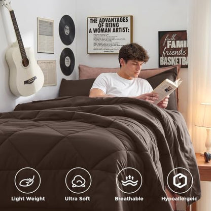 5-Piece Twin Comforter Set, Brown | Reversible, All-Season, Soft, 5 Piece Set, All-Season Reversible Bed in a Bag, Flat Sheet, Fitted Sheet, Pillowcases - color: Brown, size: Twin