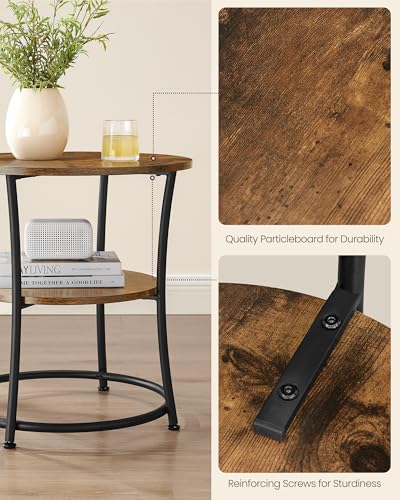 VASAGLE 21.7-Inch Round Side Table, 2-Tier End Table | Nightstand with Steel Frame, Spacious Top, for Small Spaces, Living Room, Bedroom, Rustic Brown and Ink Black ULET077K01 - color: Rustic Brown + Ink Black, style: With Power Strip