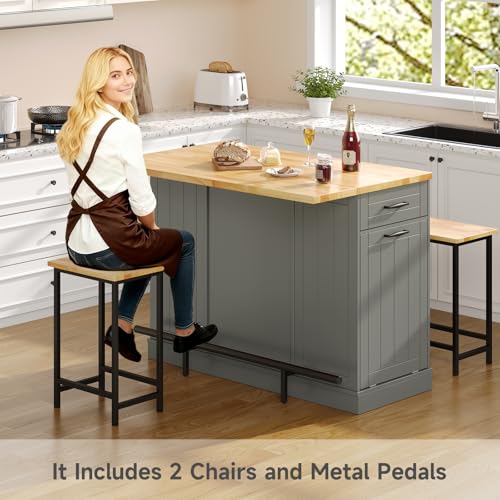 47" Kitchen Island with Seating, Stationary Island Table with Storage Include 2 Chairs, Kitchen Islands with Drop Leaf, Dining Table with Trash Cabinet & Power Outlet & Spice Rack, Grey - color: Grey