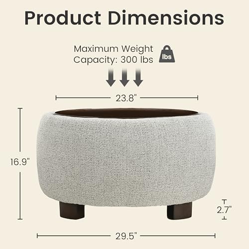 VKNOW 30" Round Storage Ottoman, Ottoman Coffee Table with Removable Wood Top and Solid Wood Legs for Living Room, Bedroom, Apartments (Beige) - color: Beige