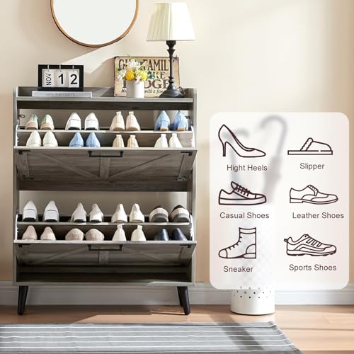 Barnyatoh Shoe Storage Cabinet with 2 Flip Drawers,Hidden Shoe Organizer | Farmhouse Freestanding Narrow Slim Shoes Rack Cabinet with Adjustable Shelves for Entryway Hallway,Washed Gray - color: Washed Gray