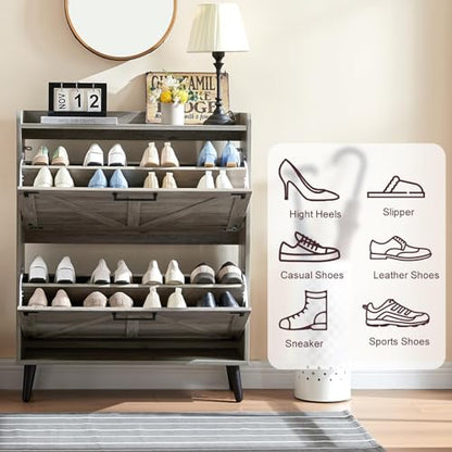 Barnyatoh Shoe Storage Cabinet with 2 Flip Drawers,Hidden Shoe Organizer | Farmhouse Freestanding Narrow Slim Shoes Rack Cabinet with Adjustable Shelves for Entryway Hallway,Washed Gray - color: Washed Gray